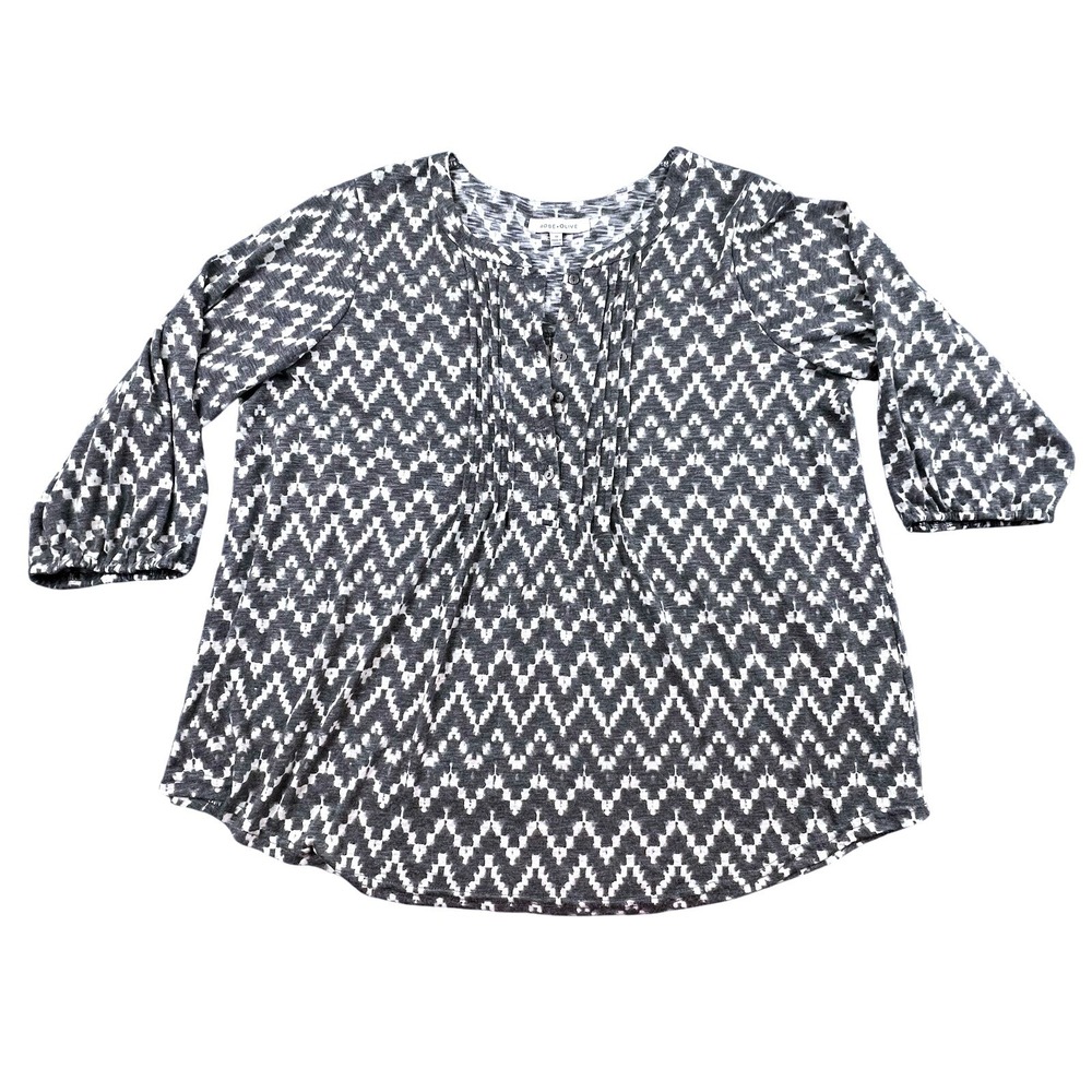 Rose + Olive 1X Black White Geometric Print Henley Tunic Top 3/4 Sleeve